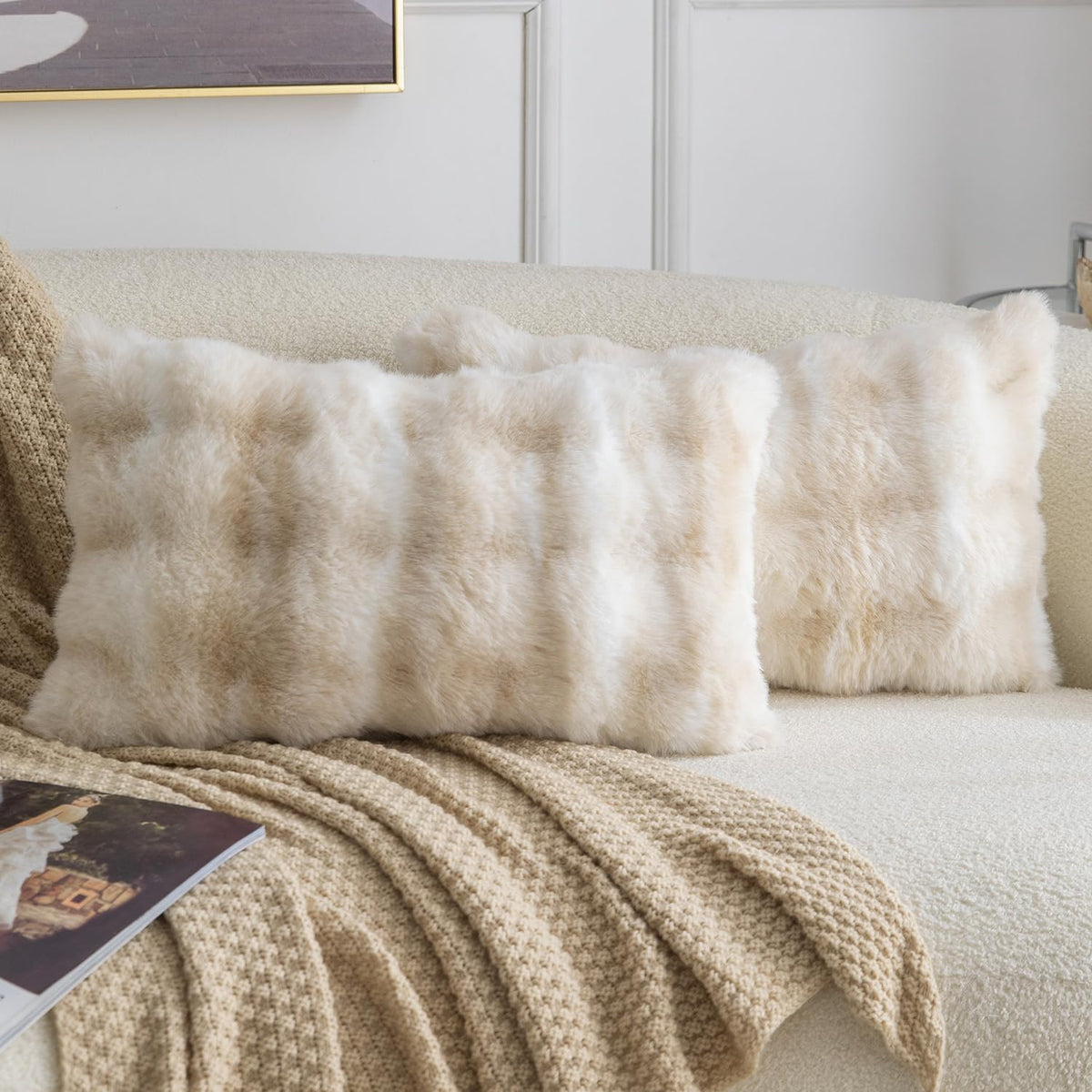 MADIZZ Pack of 2 Thick Plush Faux Wool Throw Pillow Covers Soft Boho Throw Pillows Luxurious Cushion Covers for Couch Sofa Bedroom Living Room Home Decor 18x18 Inch Cream