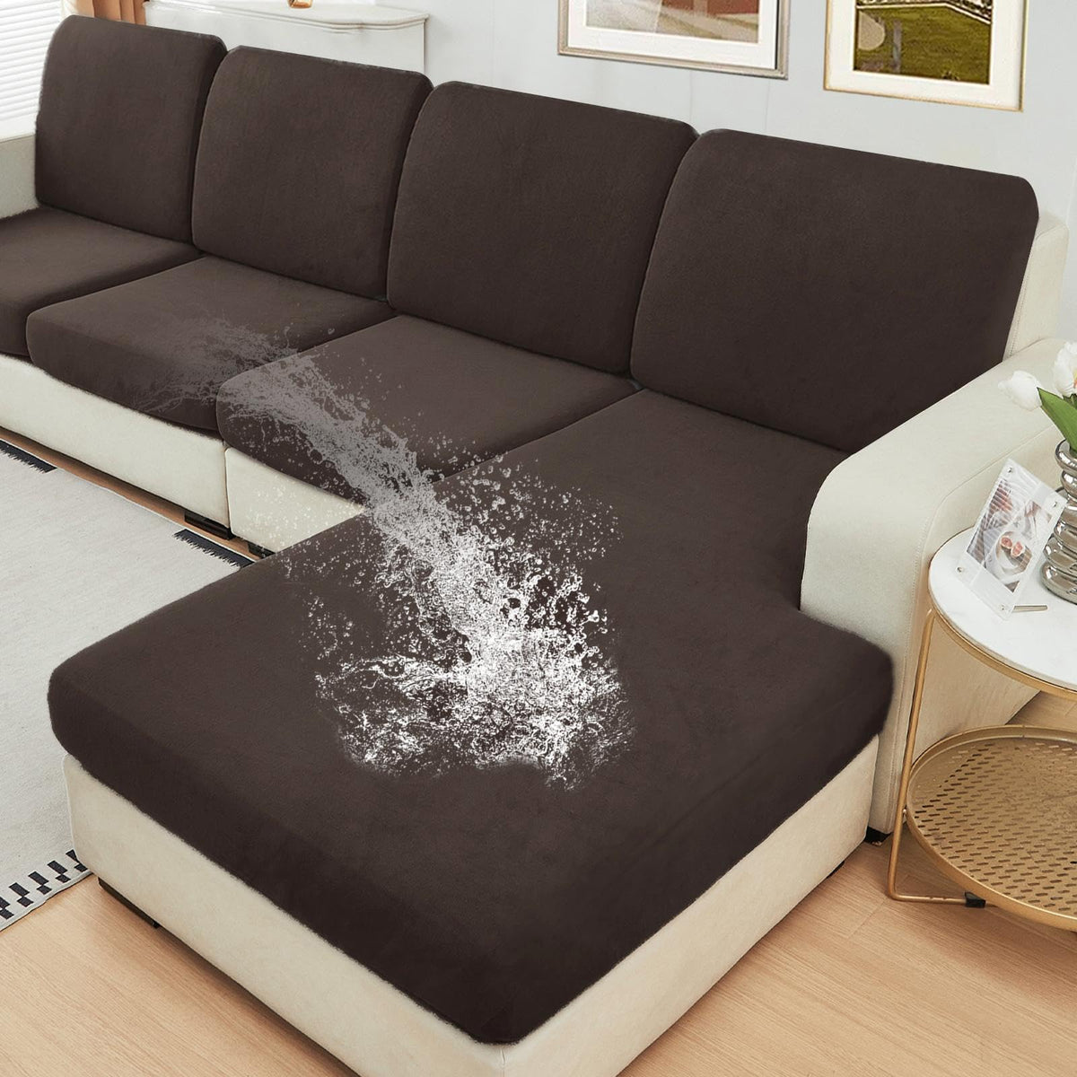 NAISI Waterproof Couch Cushion Covers Thick Velvet Fabric Washable Sofa Slipcovers Sectional Couch Covers for 4 Pieces Separate L Shape Couch Cover with Elastic Bottom(3 Seater + 1 Chaise,Grey)