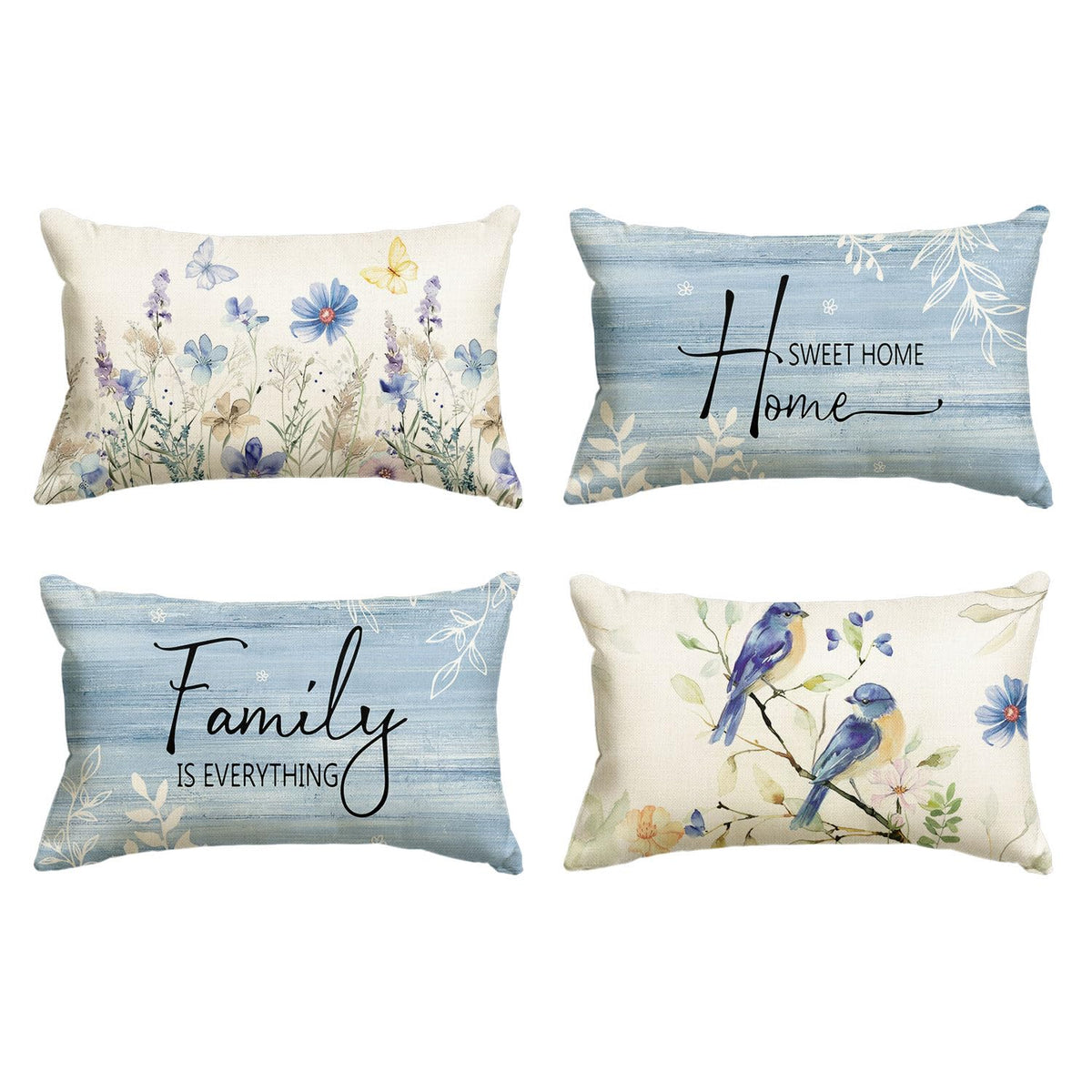AVOIN colorlife Spring Saying Flowers Butterfly Bird Throw Pillow Covers, 18 x 18 Inch Home Sweet Home Blue Cushion Case for Sofa Couch Set of 4