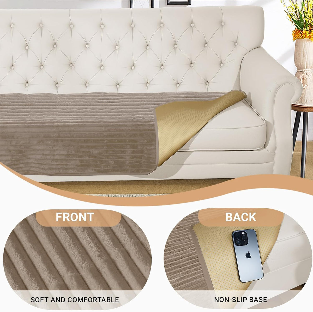 NAISI Couch Covers for Dogs Waterproof Flannel Striped Sofa Cover Pet Friendly Washable Dog Mat for Couch Anti Slip Sectional Sofa Slipcover Protector(2pcs/35"x63"+35"x70",Khaki)