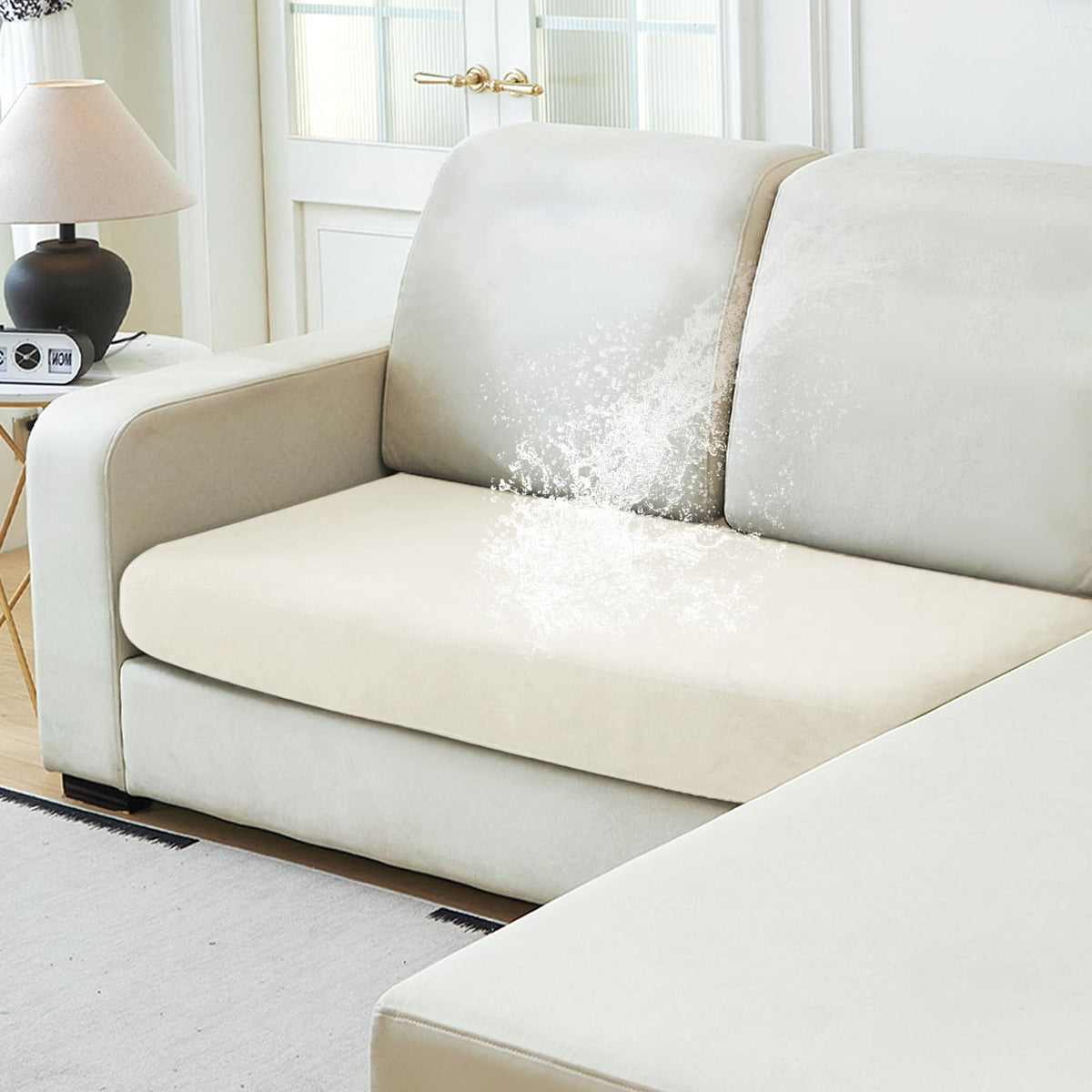 NAISI Waterproof Couch Cushion Covers Thick Velvet Fabric Washable Sofa Slipcovers Sectional Couch Covers for 4 Pieces Separate L Shape Couch Cover with Elastic Bottom(3 Seater + 1 Chaise,Grey)