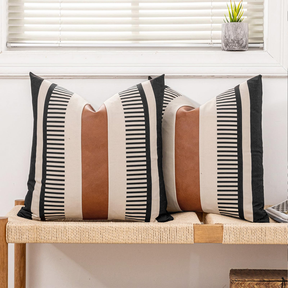 Decorative Striped Throw Pillow Cover 18x18 Black White & Brown