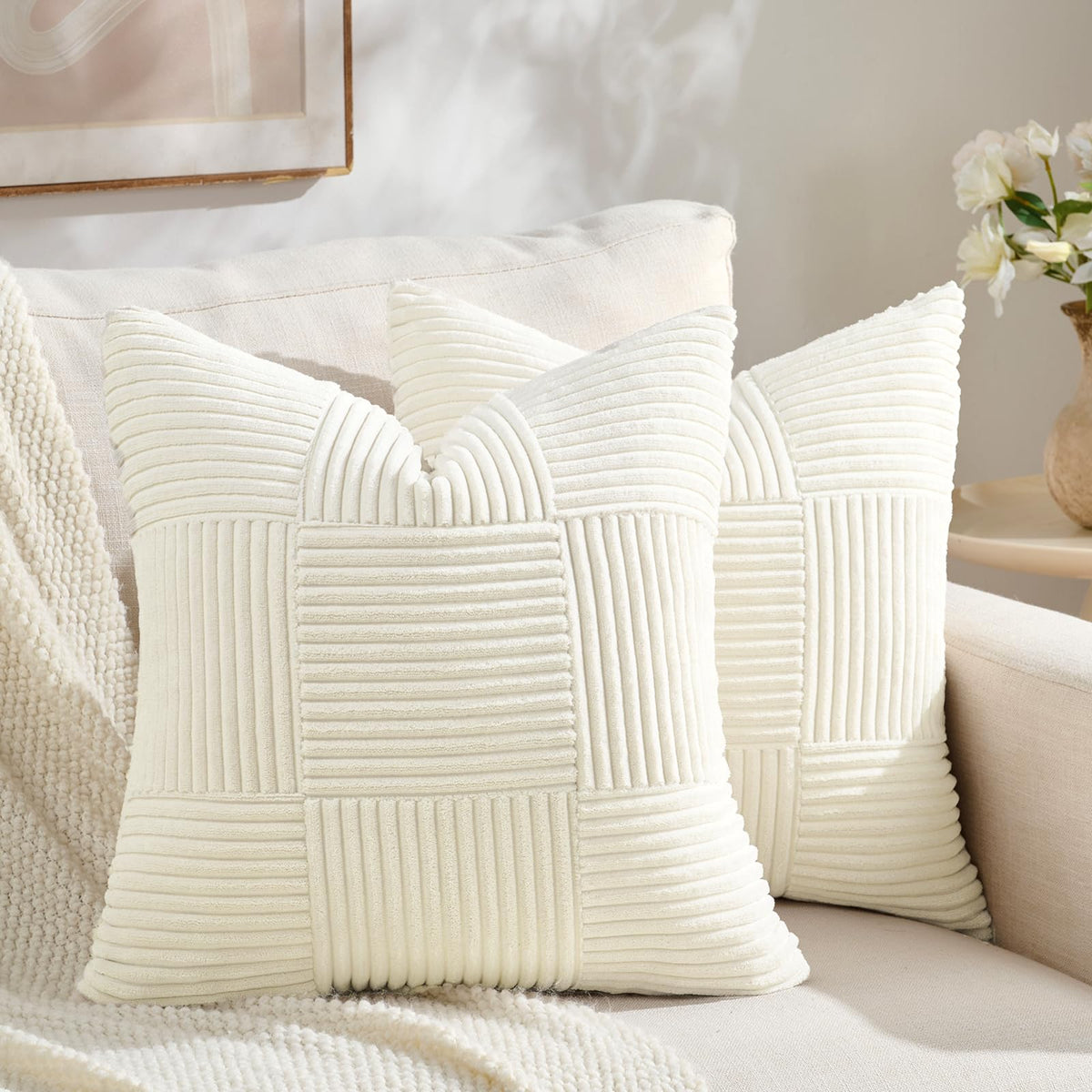 Fancy Homi Set of 2 Dark Gray Boho Decorative Throw Pillow Covers 18x18 Inch for Living Room Bedroom Couch Bed Sofa, Modern Farmhouse Home Decor, Soft Striped Plaid Corduroy Accent Cushion Case
