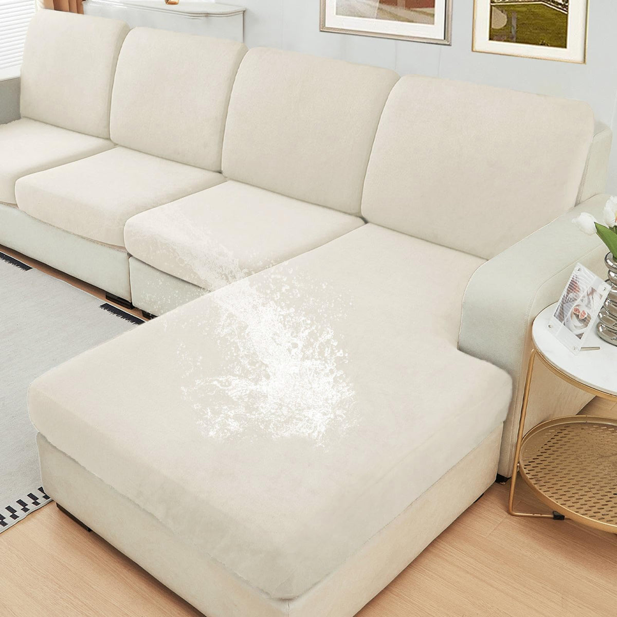 NAISI Waterproof Couch Cushion Covers Thick Velvet Fabric Washable Sofa Slipcovers Sectional Couch Covers for 4 Pieces Separate L Shape Couch Cover with Elastic Bottom(3 Seater + 1 Chaise,Grey)
