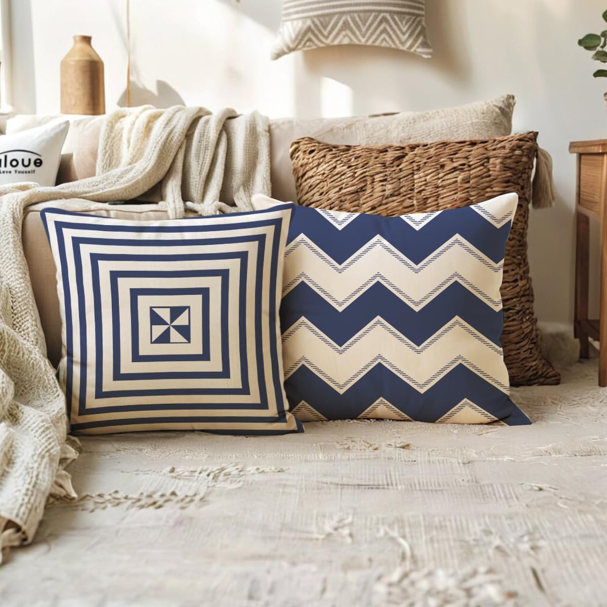 ULOVE LOVE YOURSELF Square Decorative Throw Pillows Cushion Covers Blue Beige Stripes Modern Geometry Print Home Pillowcases 18 X 18 Inch,4 Pack for Sofa Couch