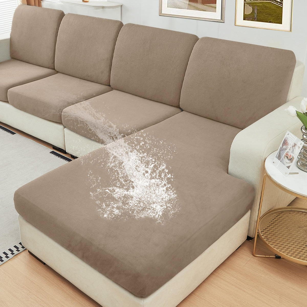 NAISI Waterproof Couch Cushion Covers Thick Velvet Fabric Washable Sofa Slipcovers Sectional Couch Covers for 4 Pieces Separate L Shape Couch Cover with Elastic Bottom(3 Seater + 1 Chaise,Grey)