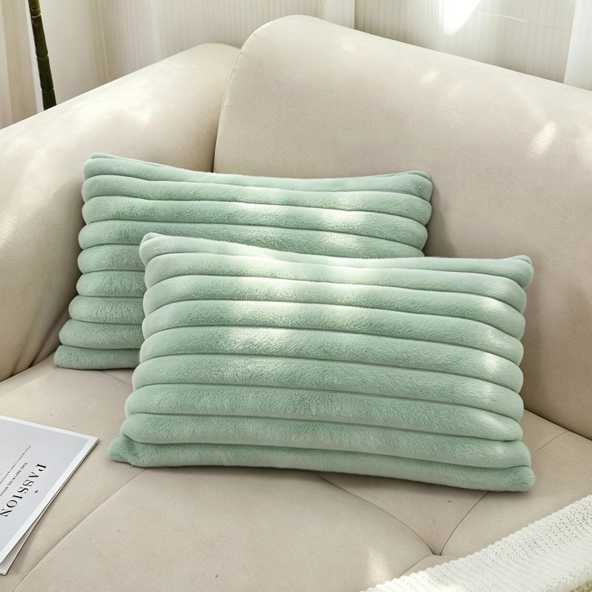 Pack of 2 Faux Fur Striped Decorative Throw Pillow Covers, Square Striped Cushion Covers, Modern Farmhouse Style Home Decor, Suitable for Living Room Sofas and Sofa Beds(Beige, 18" x 18")