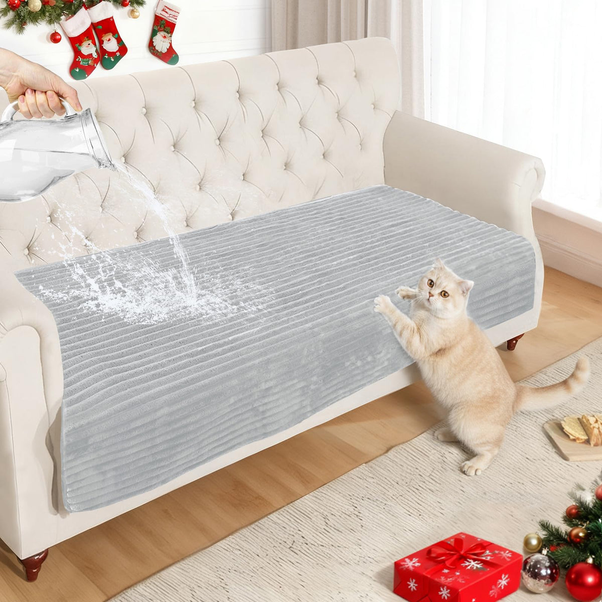 NAISI Couch Covers for Dogs Waterproof Flannel Striped Sofa Cover Pet Friendly Washable Dog Mat for Couch Anti Slip Sectional Sofa Slipcover Protector(2pcs/35"x63"+35"x70",Khaki)
