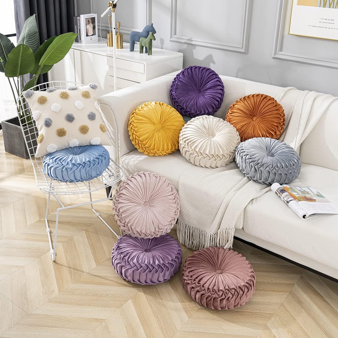 vctops Solid Velvet Seat Cushions Round Floor Pillows Thicken Chair Cushions Pleated Chair Pads Seat Pad Throw Pillows for Bedroom Living Room (Beige,Diameter 15")
