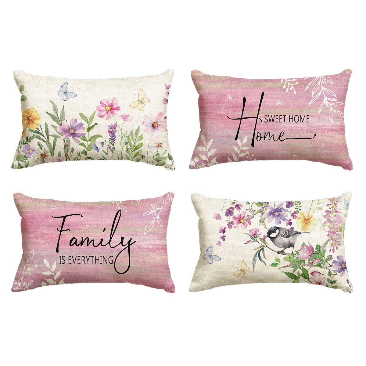AVOIN colorlife Spring Saying Flowers Butterfly Bird Throw Pillow Covers, 18 x 18 Inch Home Sweet Home Blue Cushion Case for Sofa Couch Set of 4
