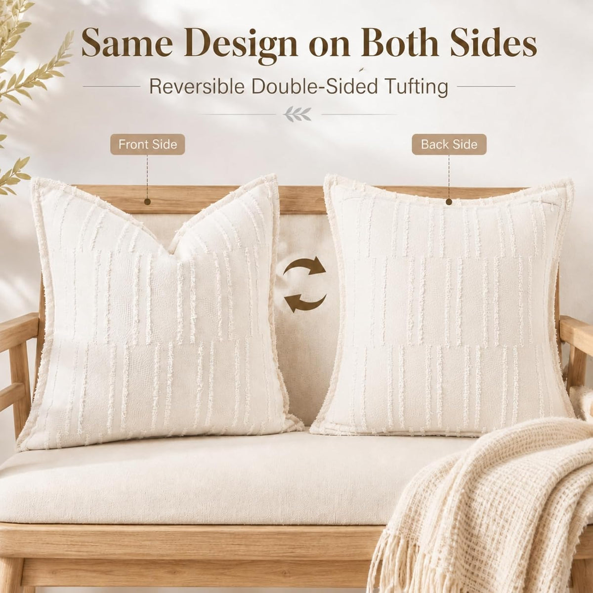 CROWNED BEAUTY Farmhouse Boho Textured Throw Pillow Covers, 20x20, Cream