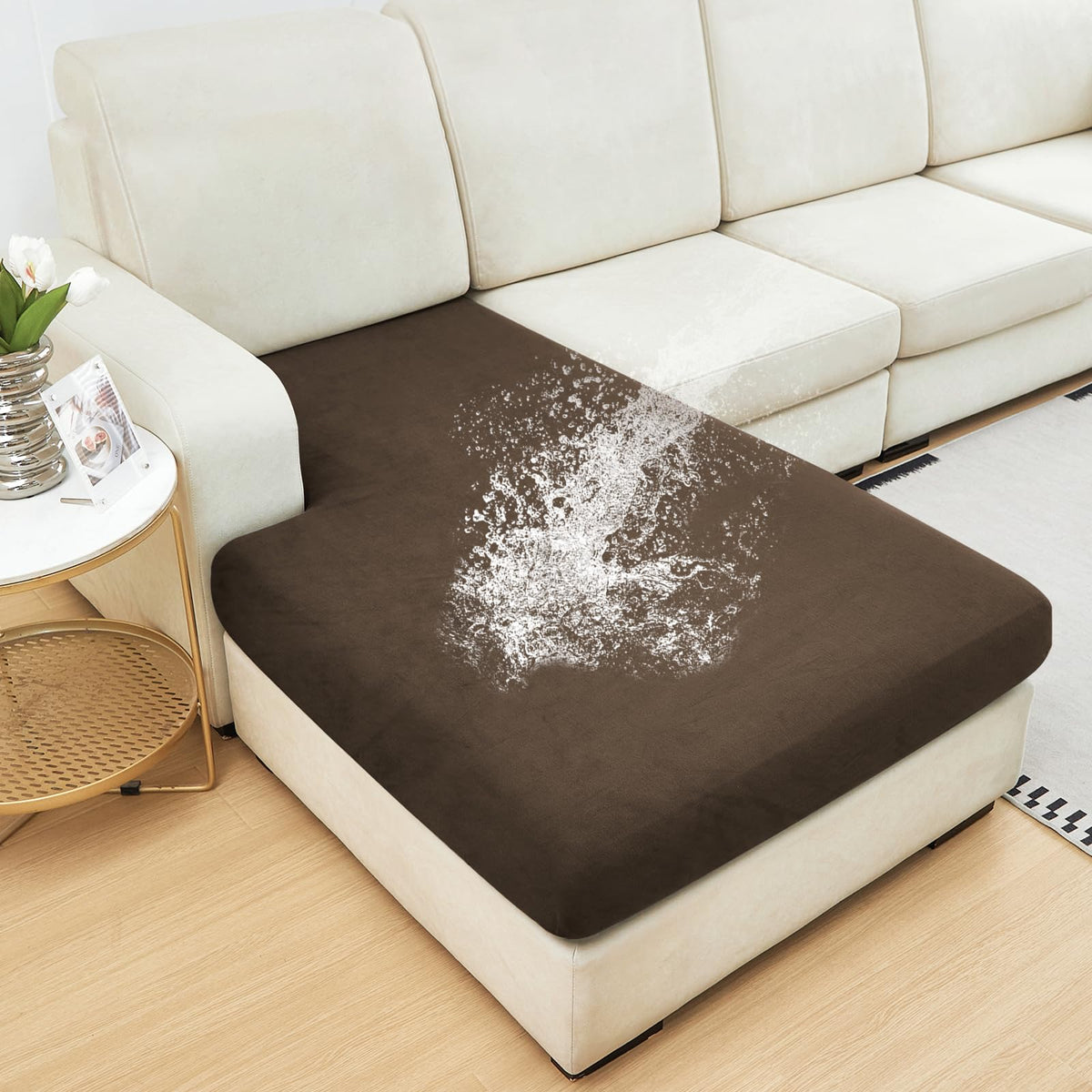 NAISI Waterproof Couch Cushion Covers Thick Velvet Fabric Washable Sofa Slipcovers Sectional Couch Covers for 4 Pieces Separate L Shape Couch Cover with Elastic Bottom(3 Seater + 1 Chaise,Grey)