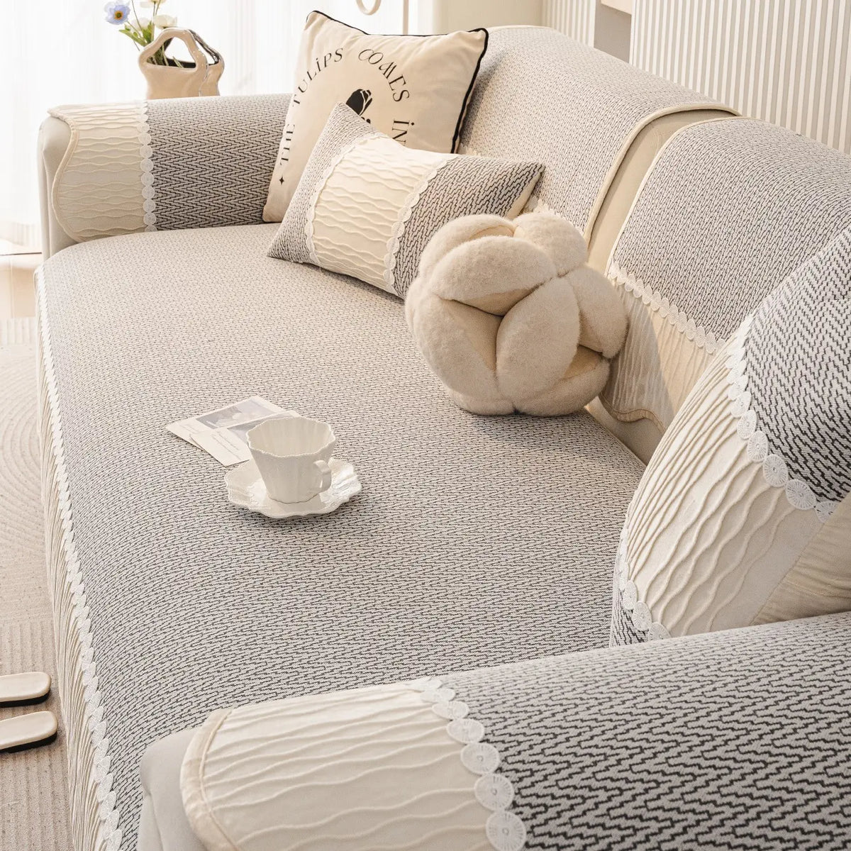 French Cream Snow Nourish Sofa Cushion, Non-Slip Cat Scratch Resistant, All-Season Use, Reusable Sofa Cover Seat Pad