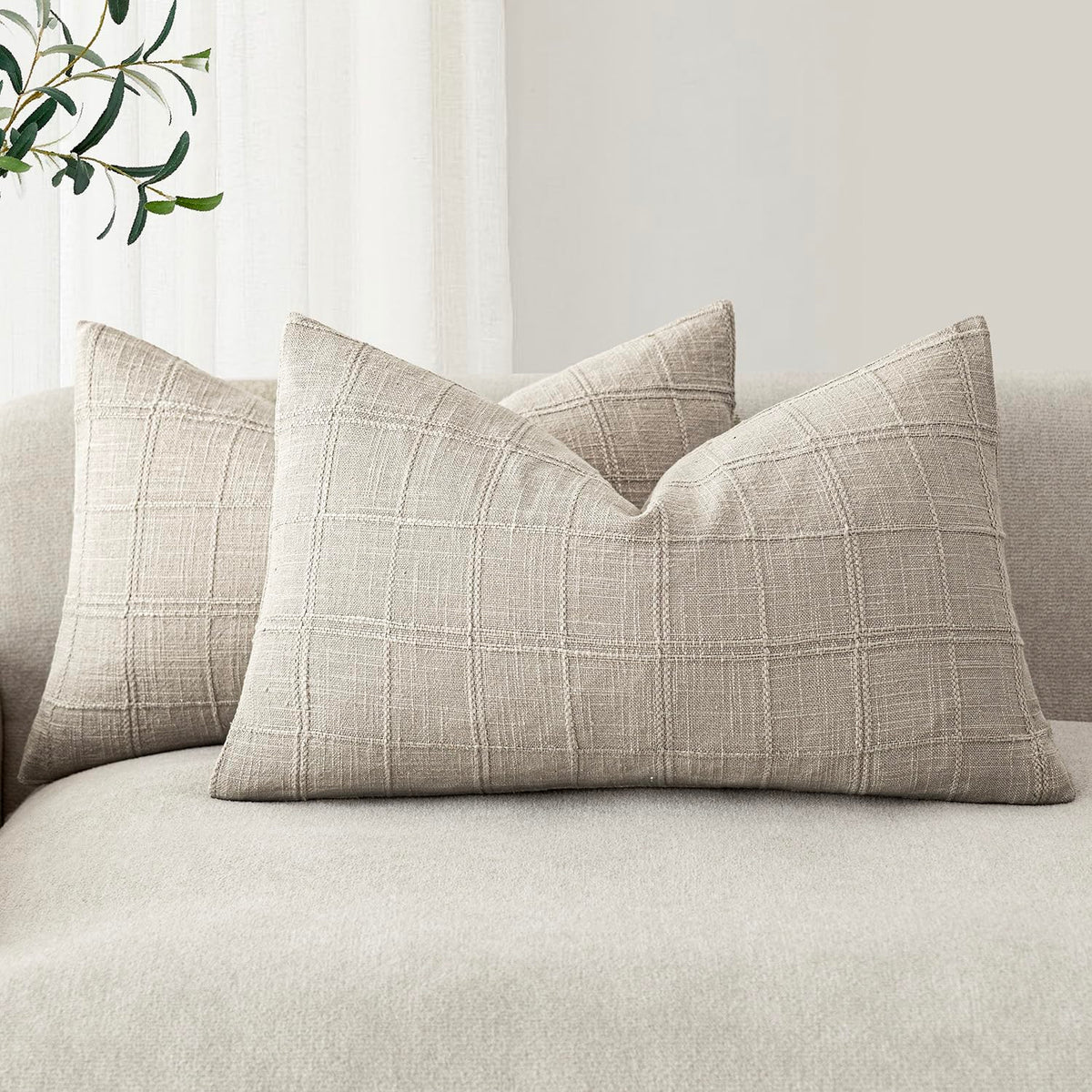 Foindtower Linen Check Decorative Throw Pillow Covers 18×18 Natural Beige