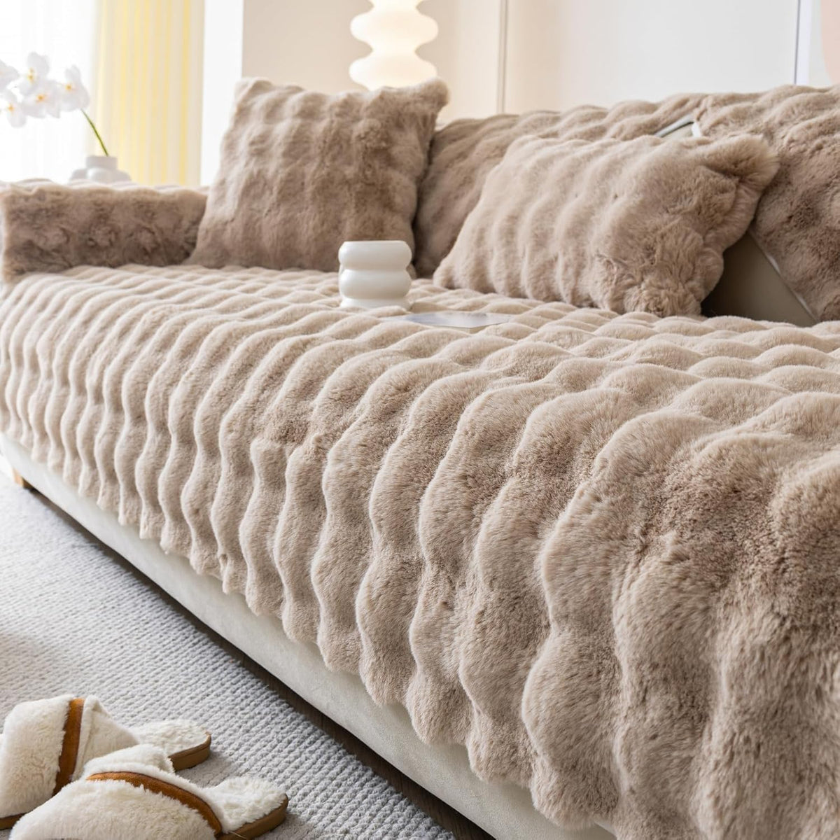 Faux Fur Sofa Cover, Rabbit Plush Couch Cover, Non-Slip Couch Covers Washable, Cosy Plush Sofa Slipcover, Furniture Protector for L Shaped(1pc/ White /36"x70")