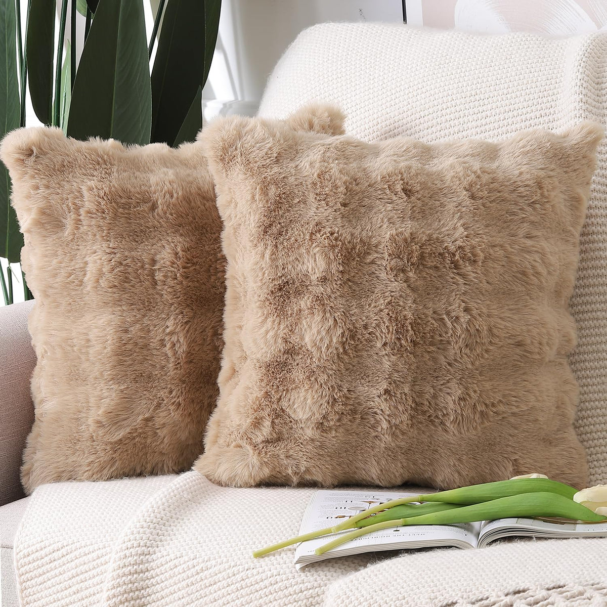 MADIZZ Pack of 2 Thick Plush Faux Wool Throw Pillow Covers Soft Boho Throw Pillows Luxurious Cushion Covers for Couch Sofa Bedroom Living Room Home Decor 18x18 Inch Cream