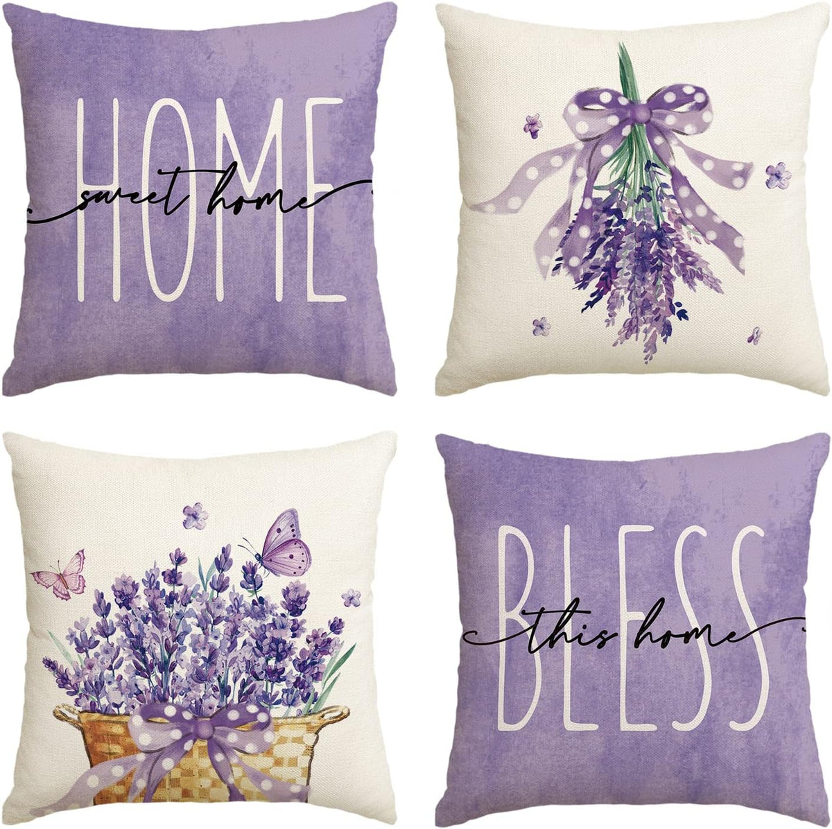 AVOIN colorlife Lavender Bless This Home Sweet Home Spring Throw Pillow Covers, 20 x 20 Inch Purple Cushion Case for Sofa Couch Set of 4