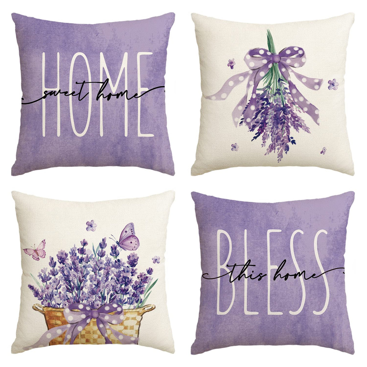 AVOIN colorlife Lavender Bless This Home Sweet Home Spring Throw Pillow Covers, 20 x 20 Inch Purple Cushion Case for Sofa Couch Set of 4