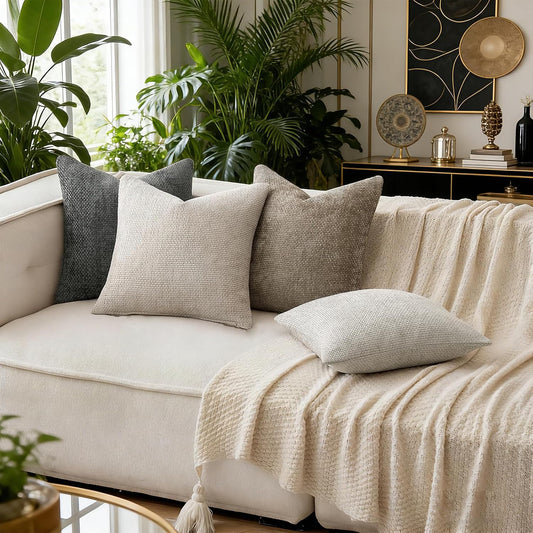 ZONYO Throw Pillow Covers 18x18 Set of 4, Soft Plush Chenille Decorative Fade Resistant Washable Cushion Covers for Couch Sofa Bed, Beige Grey Brown Farmhouse Living Room, Bedroom, Indoor Decor