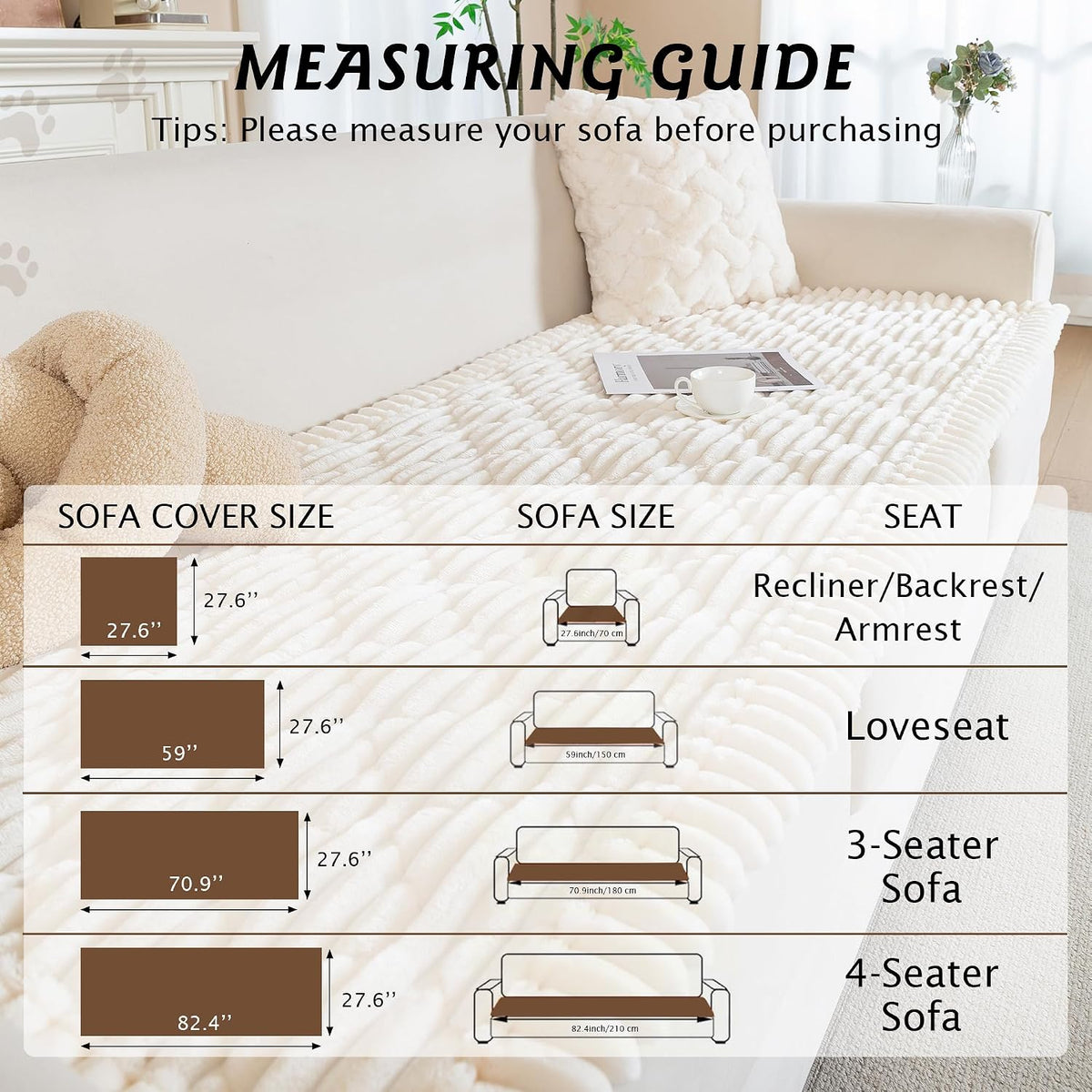 PuTian 100% Waterproof Fuzzy Couch Cover for Dogs White 27.6"x59"