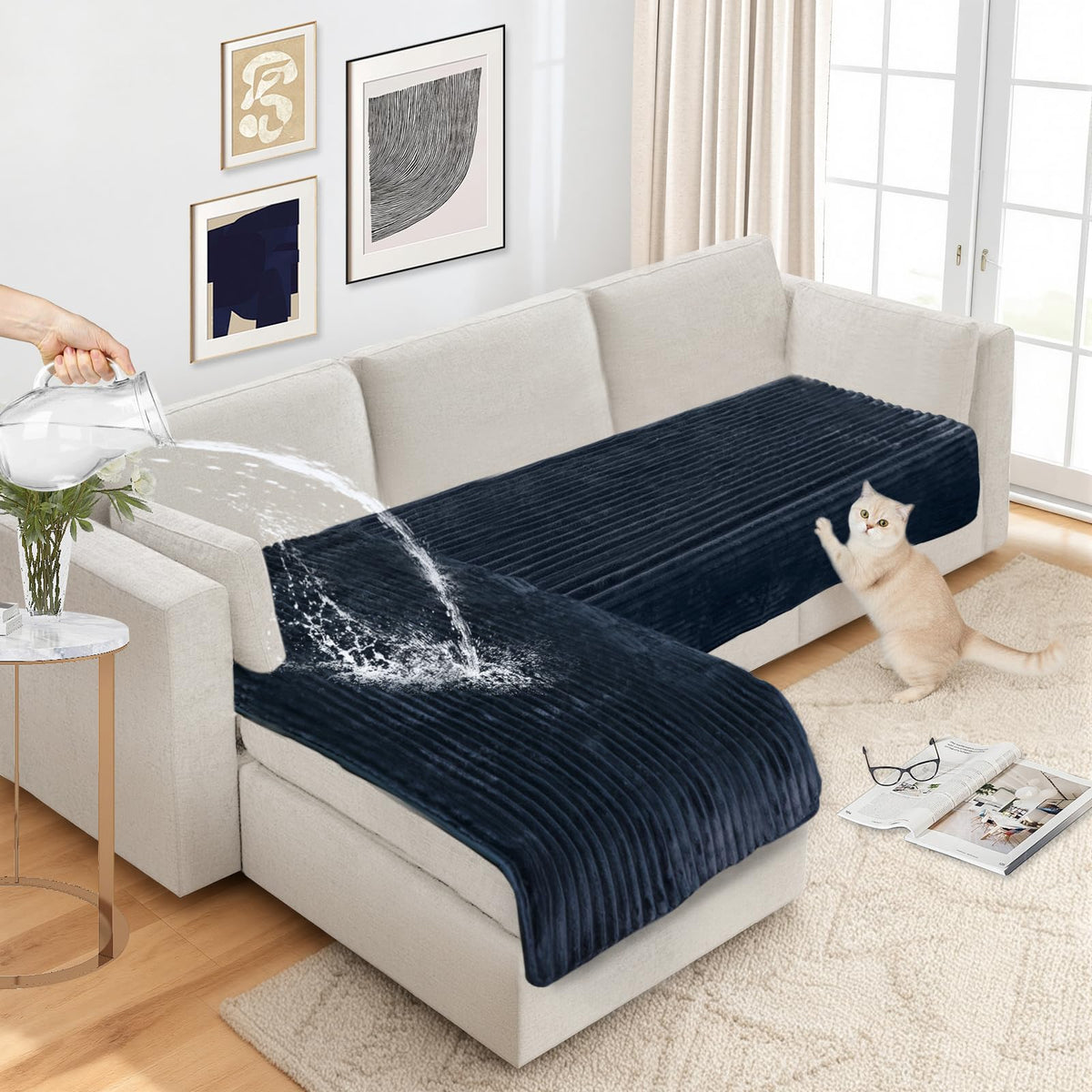 NAISI Couch Covers for Dogs Waterproof Flannel Striped Sofa Cover Pet Friendly Washable Dog Mat for Couch Anti Slip Sectional Sofa Slipcover Protector(2pcs/35"x63"+35"x70",Khaki)