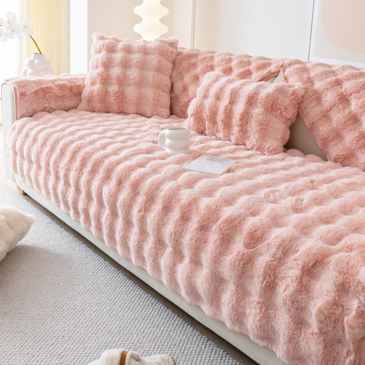 Faux Fur Sofa Cover, Rabbit Plush Couch Cover, Non-Slip Couch Covers Washable, Cosy Plush Sofa Slipcover, Furniture Protector for L Shaped(1pc/ White /36"x70")
