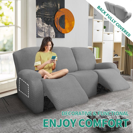 YEMYHOM 8 Pieces Stretch Recliner Sofa Cover Latest Jacquard Reclining Couch Cover with Side Pocket Anti-Slip Fitted 3 Cushion Furniture Slipcovers with Elastic Bottom (Sofa Recliner, Light Gray)
