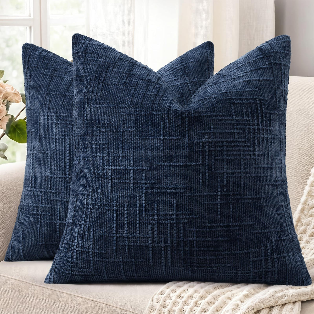 decorUhome Textured Chenille Throw Pillow Covers 18x18 Set of 2 Cream White