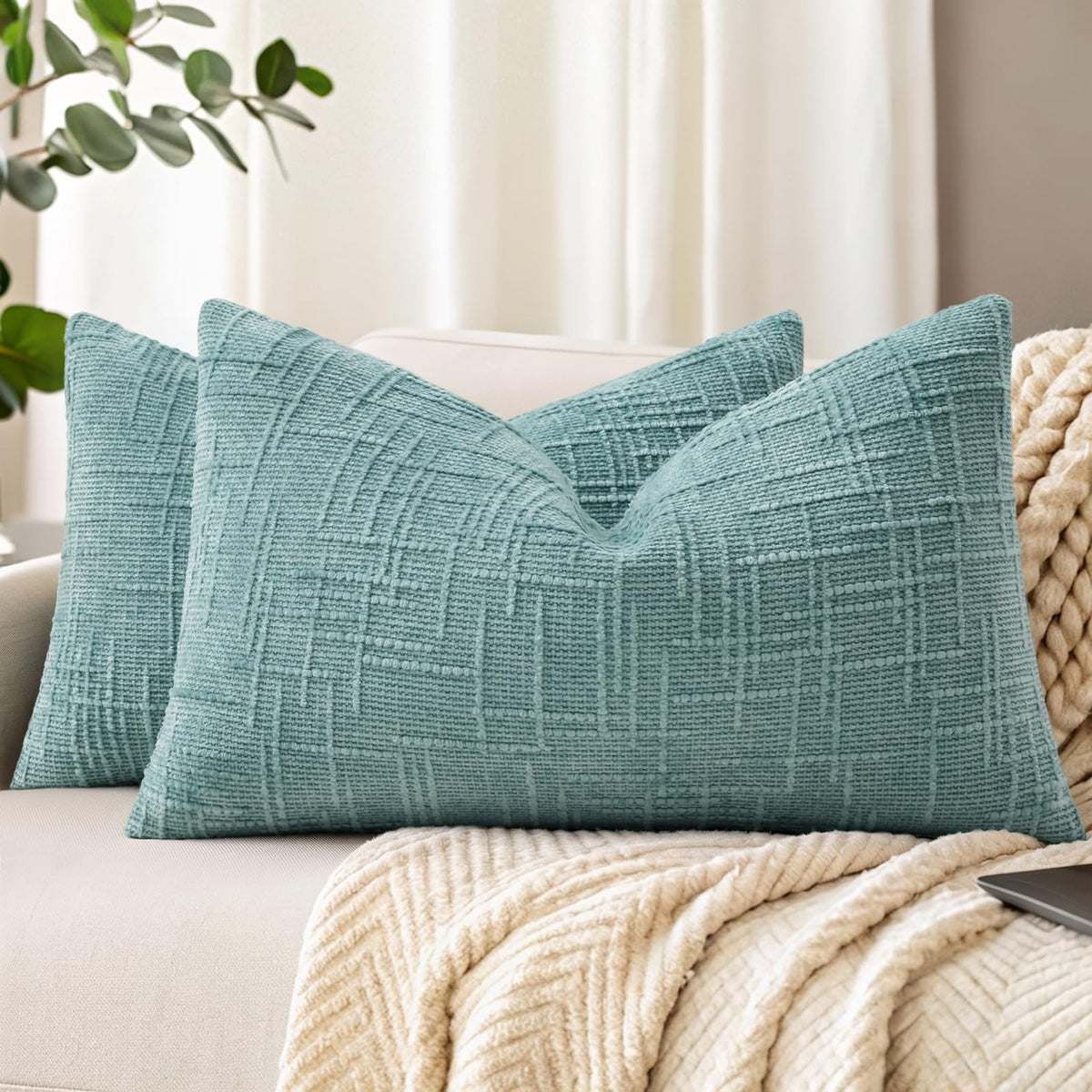 decorUhome Textured Chenille Throw Pillow Covers 18x18 Set of 2 Cream White