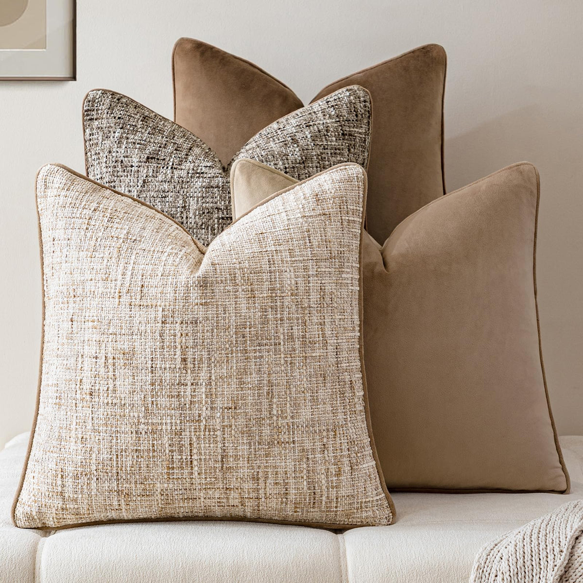 a moment Khaki 4 Pack Throw Pillow Covers - Chenille & Velvet Set with Piping, Farmhouse Textured Design Cushion Cases for Couch Sofa Bed (18x18 Inch, No Insert)