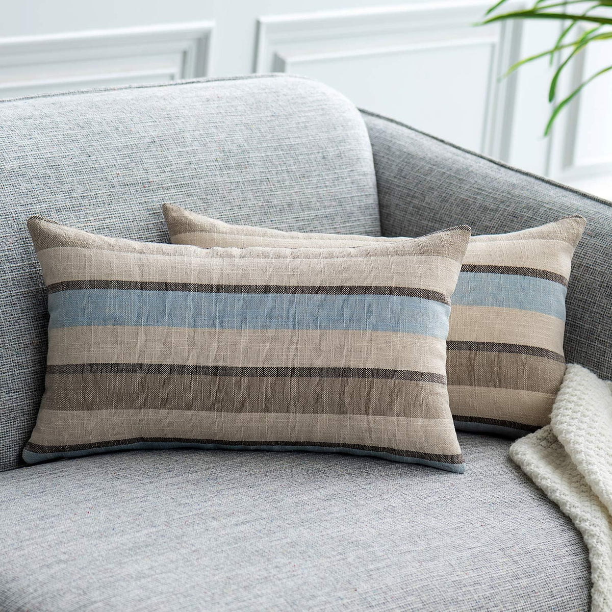 2 Pieces Decorative Classic Retro Stripe Throw Pillow Cover Soft Faux Linen Modern Farmhouse Lumbar Cushion Case for Sofa Bedroom Car 12 x 20 Inch Grey Blue Mixed