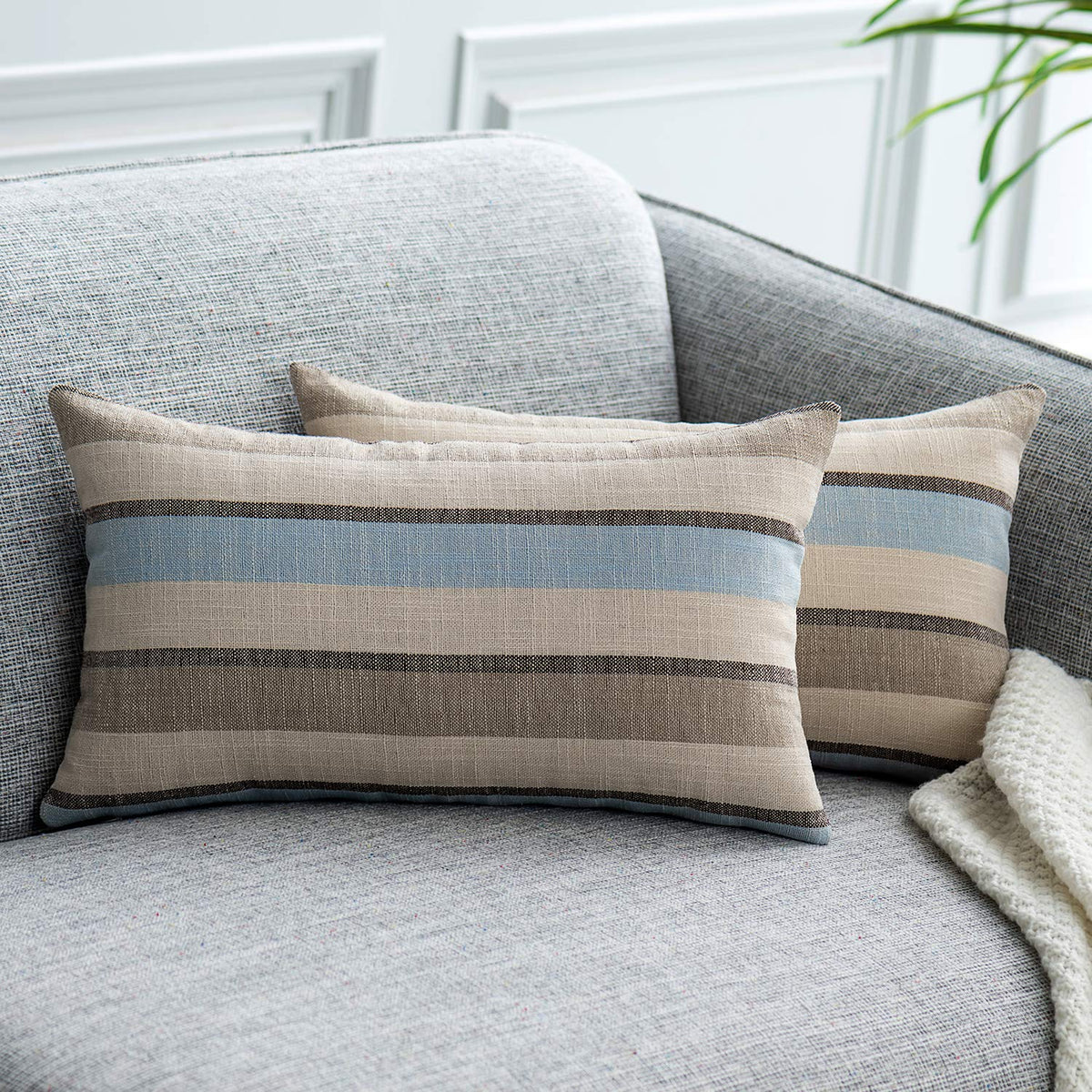 2 Pieces Decorative Classic Retro Stripe Throw Pillow Cover Soft Faux Linen Modern Farmhouse Lumbar Cushion Case for Sofa Bedroom Car 12 x 20 Inch Grey Blue Mixed