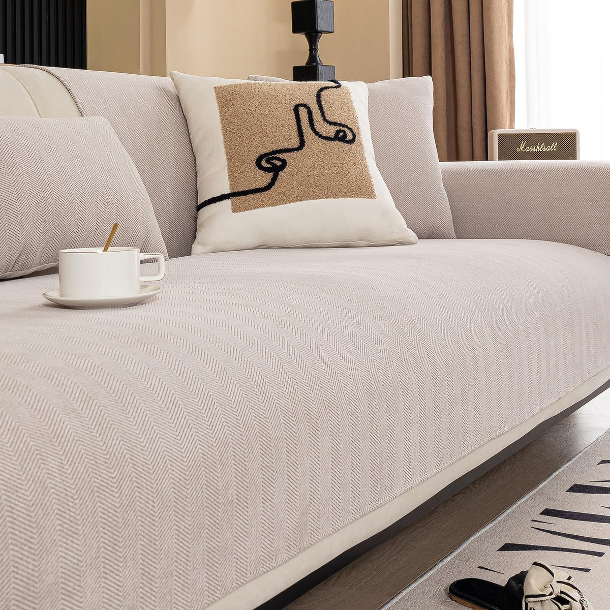 Chenille Sectional Sofa Covers Herringbone Washable Funny Fuzzy Non-Slip Protector for L-Shaped (Beige Brown, 36"x 83")