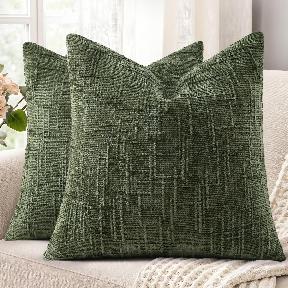decorUhome Textured Chenille Throw Pillow Covers 18x18 Set of 2 Cream White
