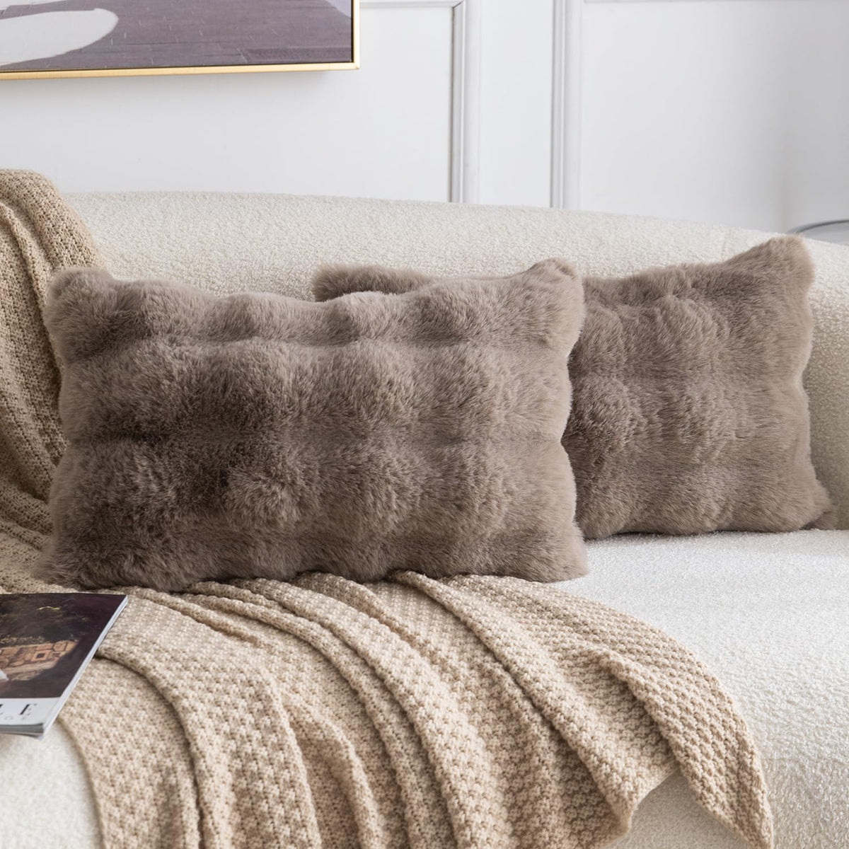 MADIZZ Pack of 2 Thick Plush Faux Wool Throw Pillow Covers Soft Boho Throw Pillows Luxurious Cushion Covers for Couch Sofa Bedroom Living Room Home Decor 18x18 Inch Cream