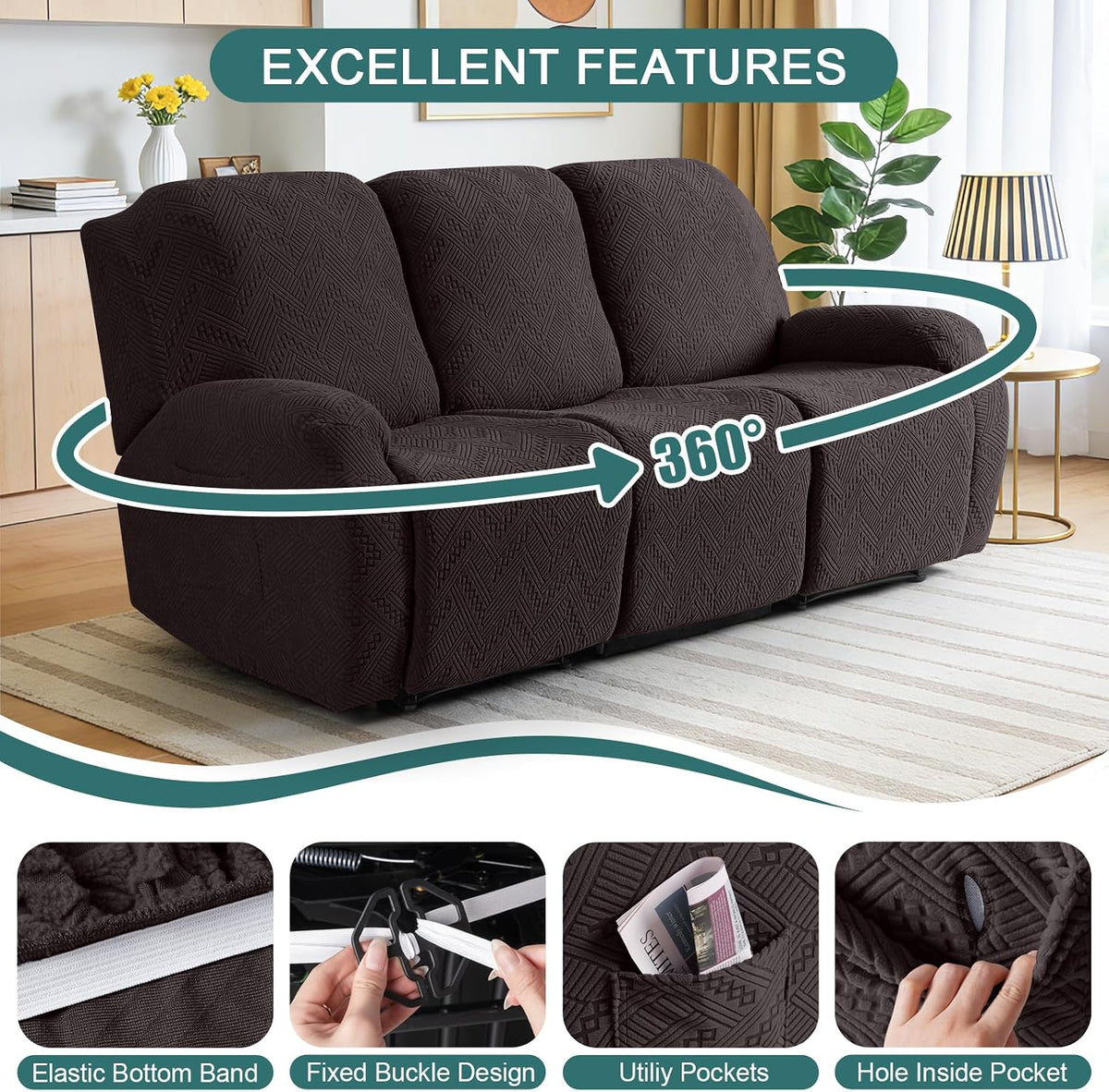 Ruaozz Recliner Couch Covers, Soft Stretch Sofa Slipcover, Chocolate