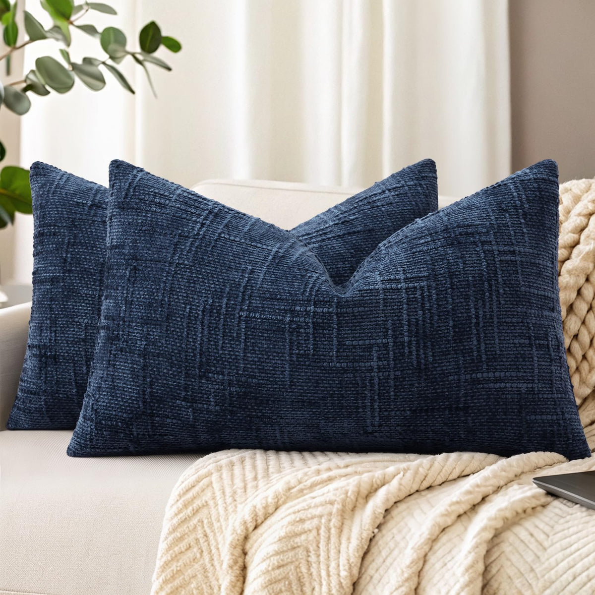 decorUhome Textured Chenille Throw Pillow Covers 18x18 Set of 2 Cream White