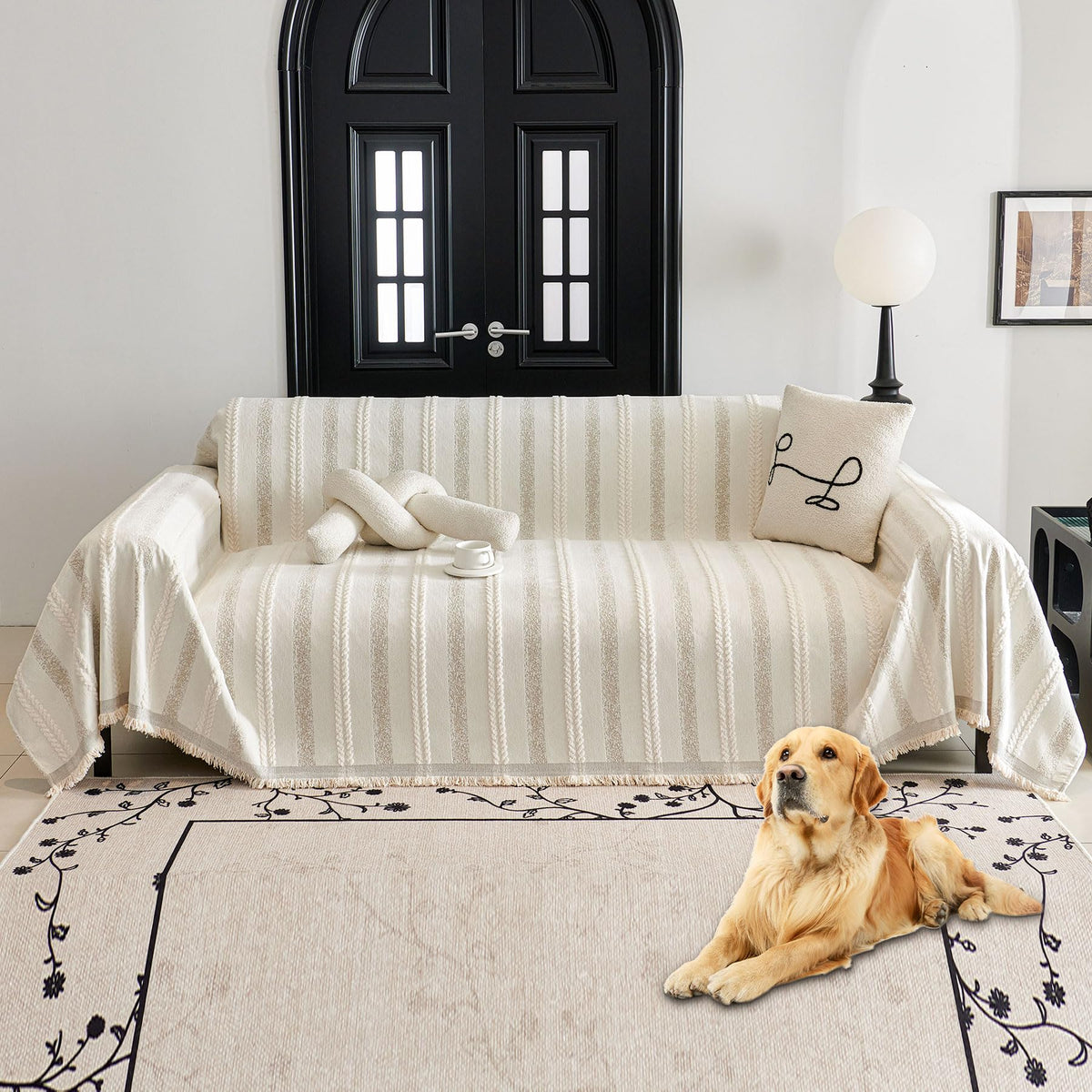 HAOMAIJIA Non Slip couch cover sofa covers for 3 cushion couch Washable sectional couch covers for Dogs pet Furniture Protector Couch Cover Blanket for Living Room (Off white, 91"x150")