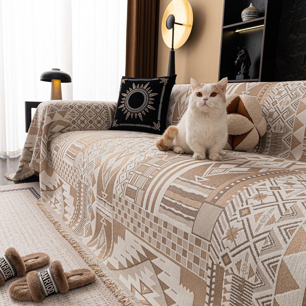 ROOMLIFE Thicked Striped Couch Cover with Tassel Blue Chenille Sofa Cover Blanket for Sectional Sofa, Soft Sofa Slipcovers for L Shaped Love Seat 2-3 Cushion Couch Anti Slip Sofa Protector, 71"x118"