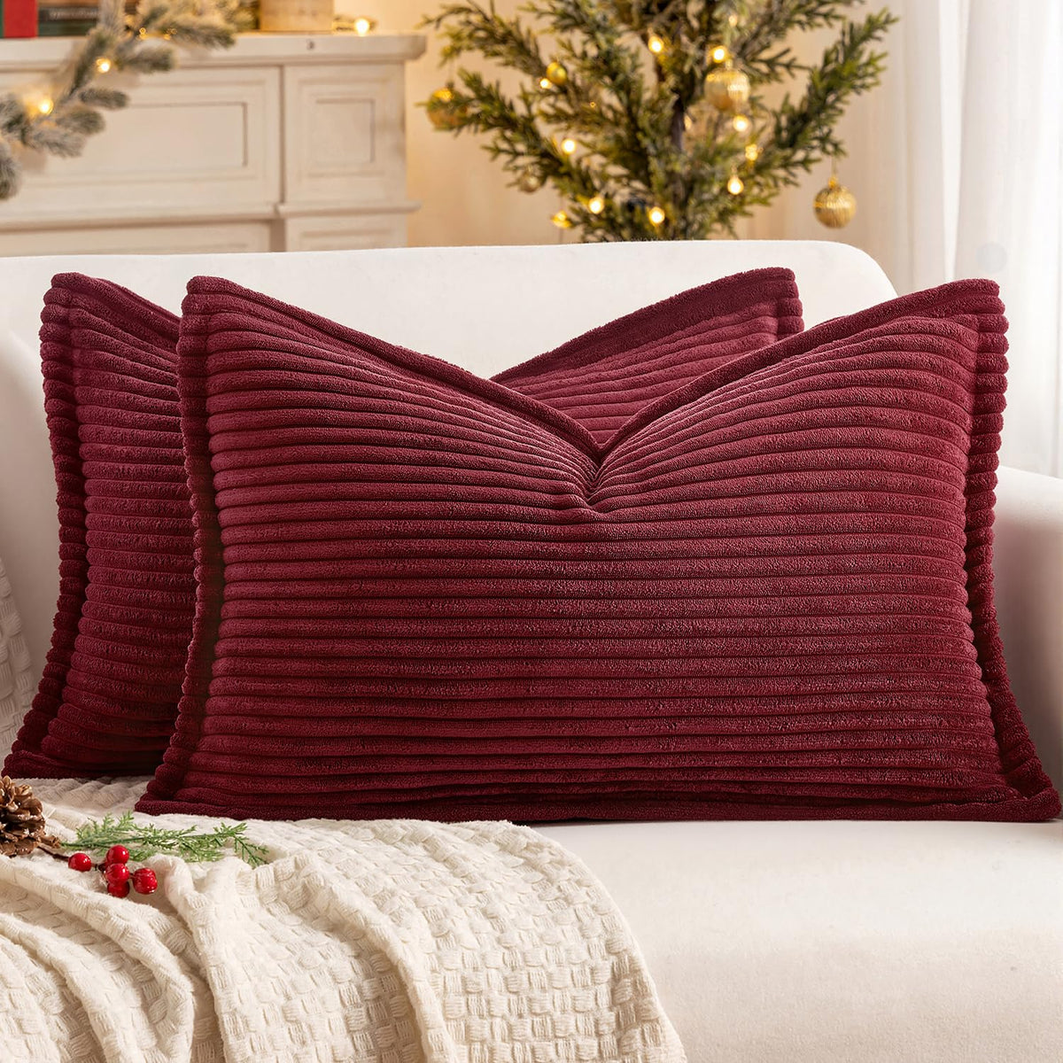 MIULEE Couch Pillow Covers 18x18 Cream White Textured Corduroy
