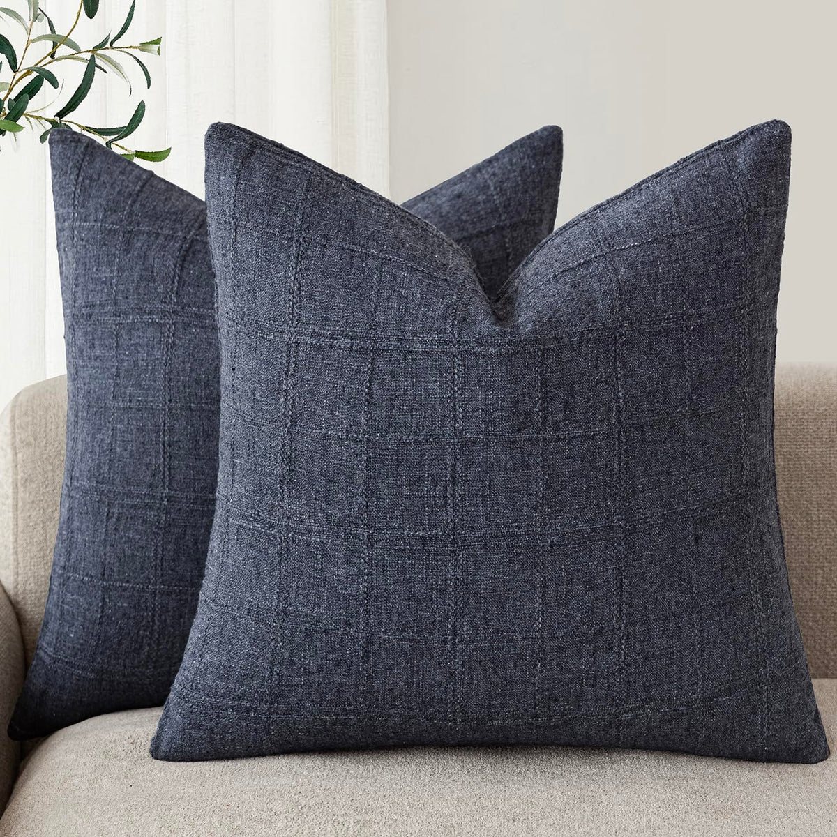 Foindtower Linen Check Decorative Throw Pillow Covers 18×18 Natural Beige