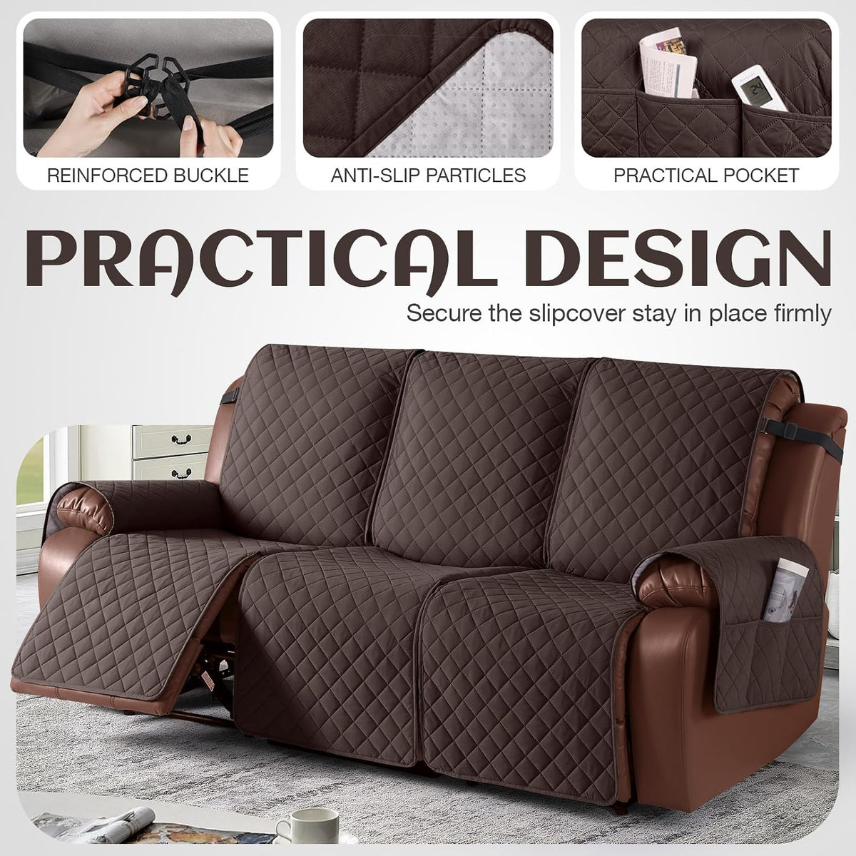 KinCam Waterproof Recliner Sofa Covers Washable, 3 Seater, Chocolate