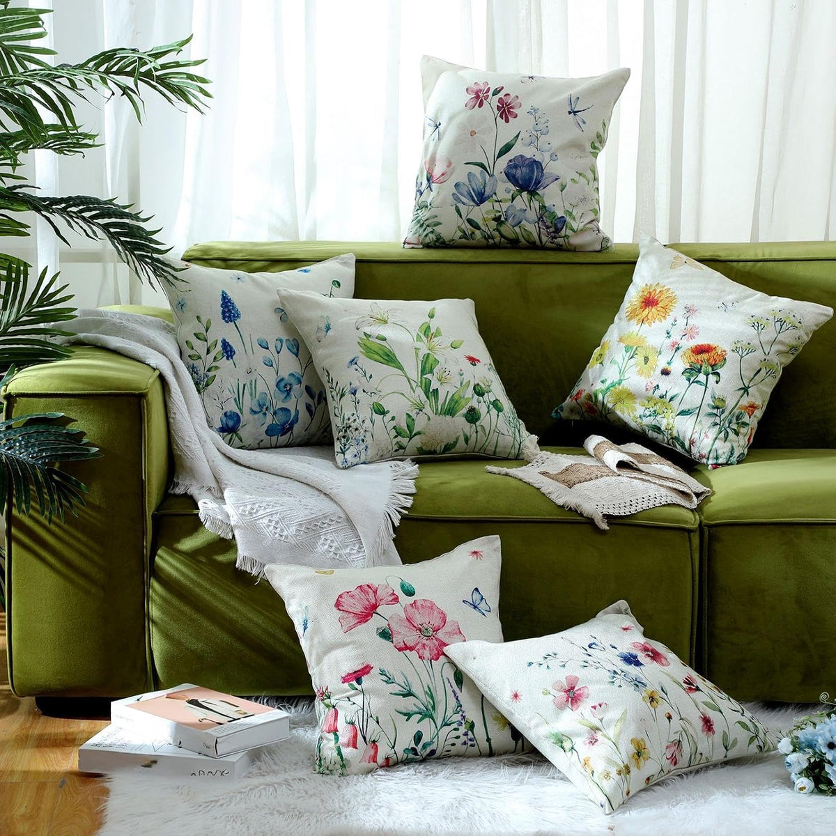 Preboun 6 Pcs Wildflowers Spring Throw Pillow Covers Set Inch Flower Floral Pillow Covers Cushion Cases Pillowcase for Living Room Sofa Couch Bed Car Home Decor(18 x 18 Inch)