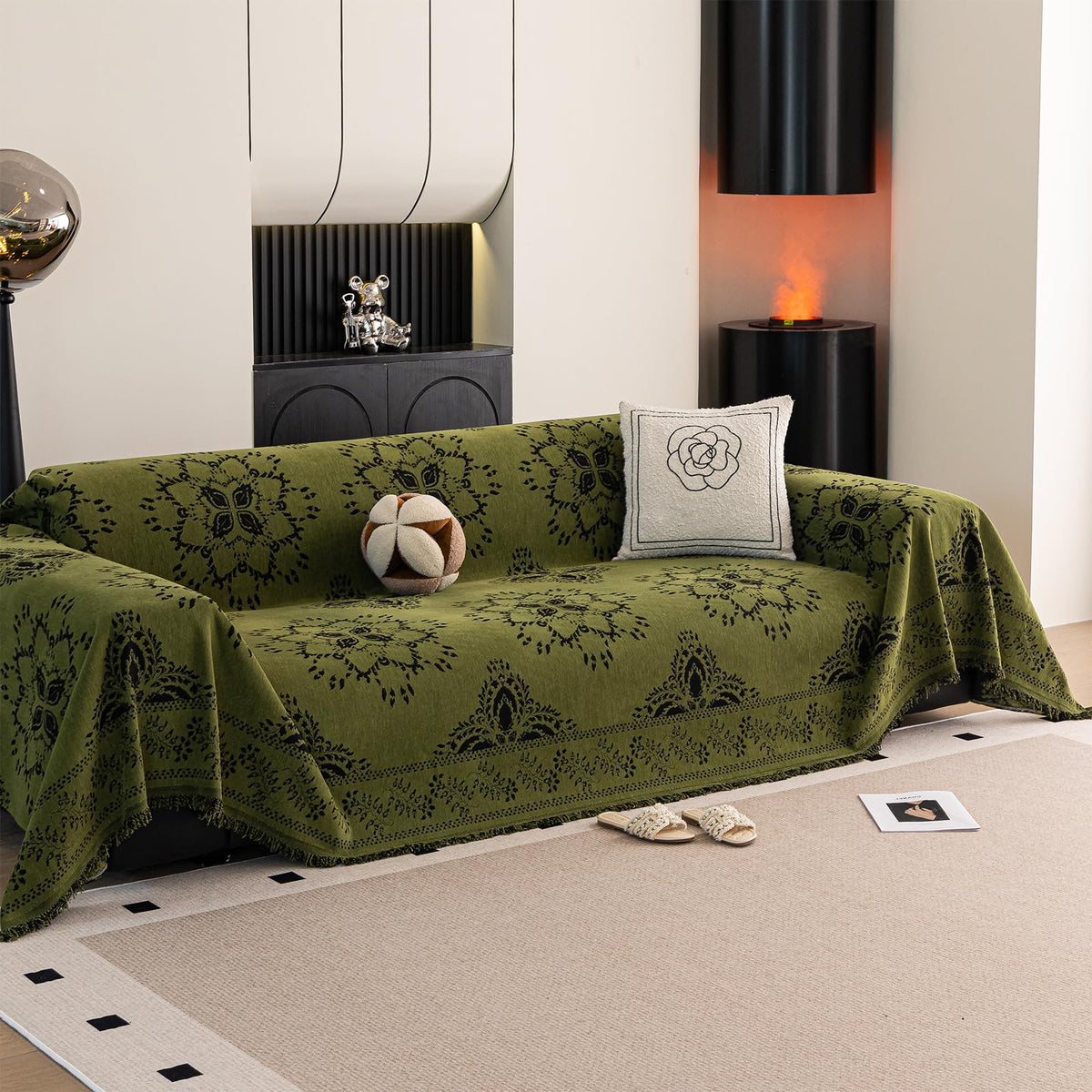 DREAMINGO Green Floral Couch Cover Farmhouse Botanical Jacquard Sofa Covers for 2 Cushion Couch Cozy Chenille Living Room Furniture Loveseat Sectional Sofa Slipcovers Washable, Large 71"x118"
