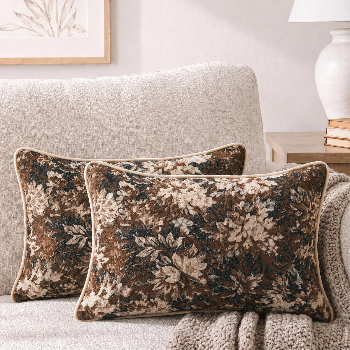 CROWNED BEAUTY Farmhouse Floral Throw Pillow Covers, 20x20, Brown, Set of 2