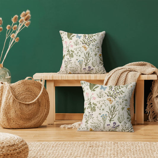 Spring Sage Green Wild Flower Pillow Covers 18x18 Set of 2