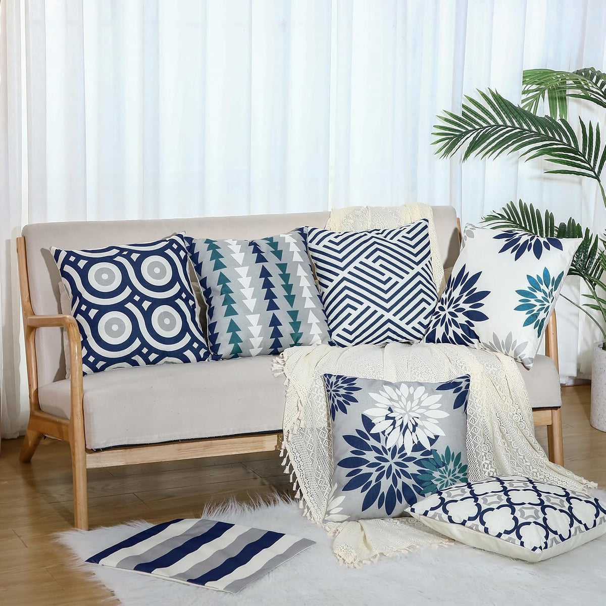 Flutesan 12 Pcs Pillow Covers 18x18 Geometric Linen for Couch, Gray Blue