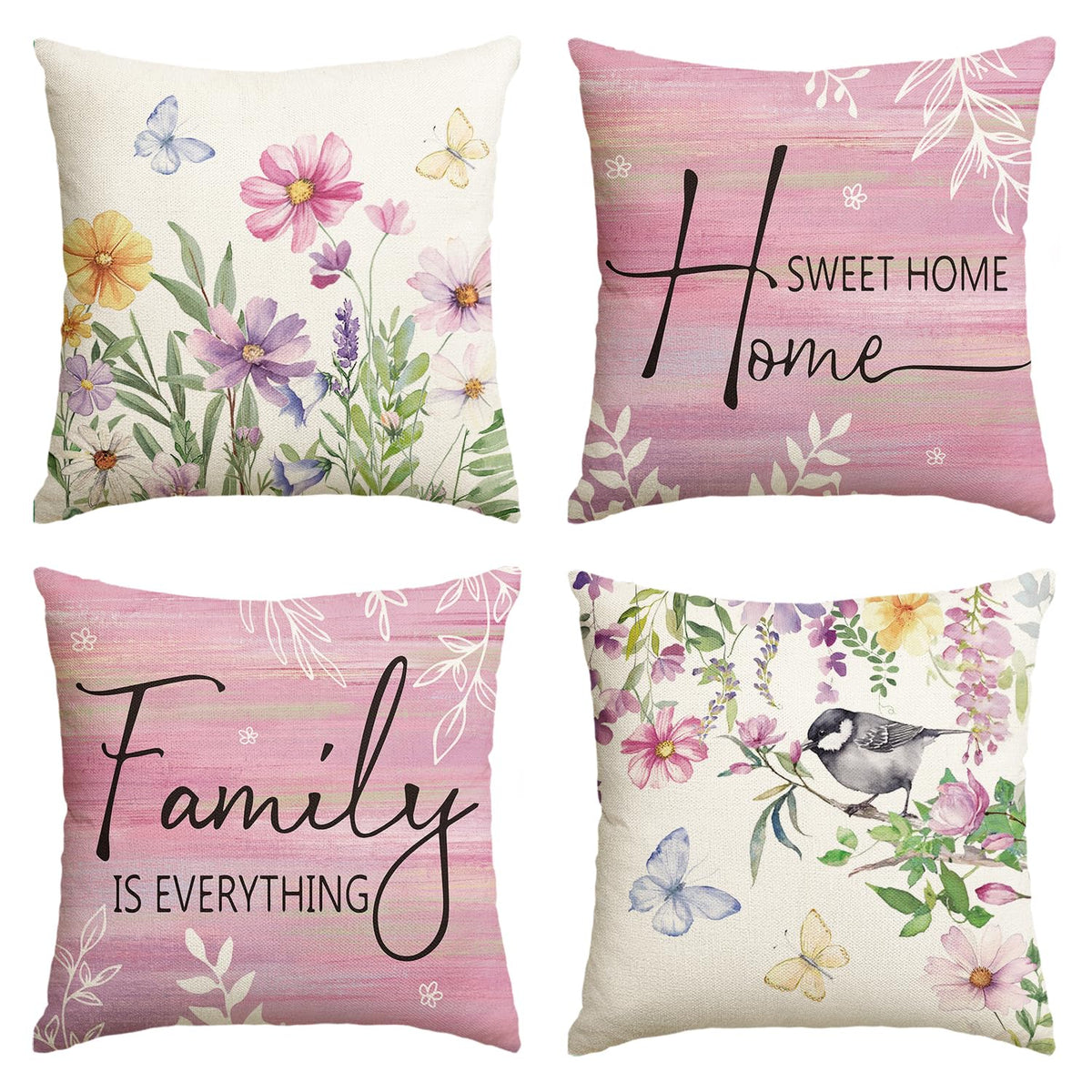 AVOIN colorlife Spring Saying Flowers Butterfly Bird Throw Pillow Covers, 18 x 18 Inch Home Sweet Home Blue Cushion Case for Sofa Couch Set of 4