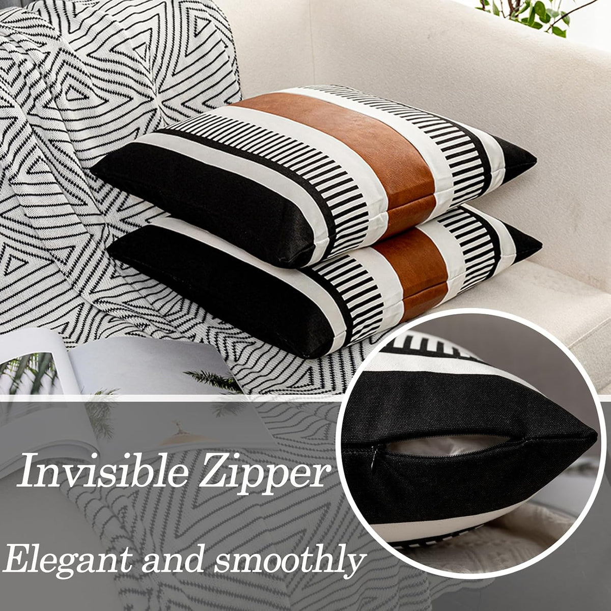 Decorative Striped Throw Pillow Cover 18x18 Black White & Brown