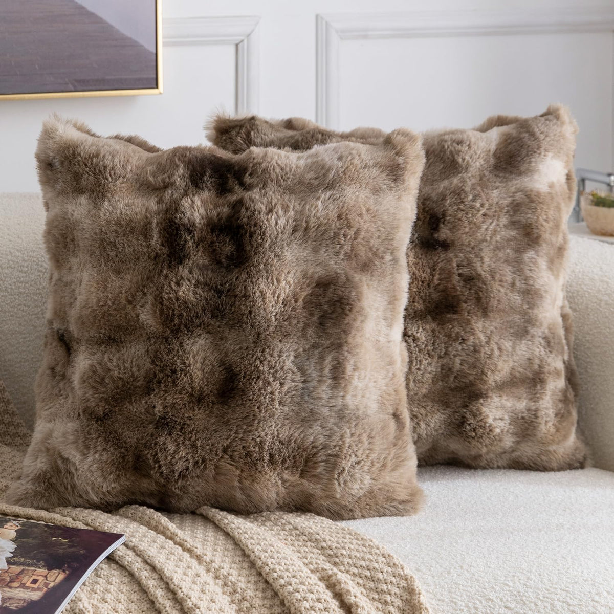 MADIZZ Pack of 2 Thick Plush Faux Wool Throw Pillow Covers Soft Boho Throw Pillows Luxurious Cushion Covers for Couch Sofa Bedroom Living Room Home Decor 18x18 Inch Cream